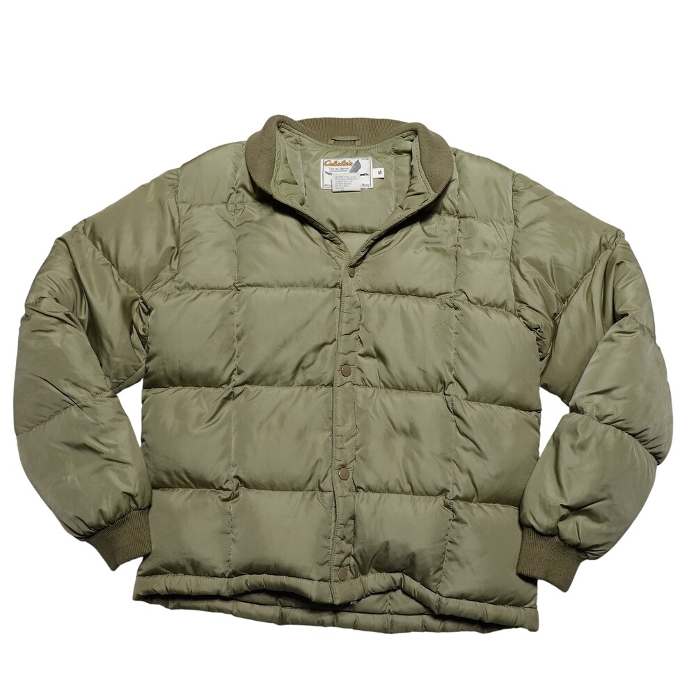 Cabela's Jacket Mens Medium Green Goose Down Snap Puffer Quilted Hunting Outdoor